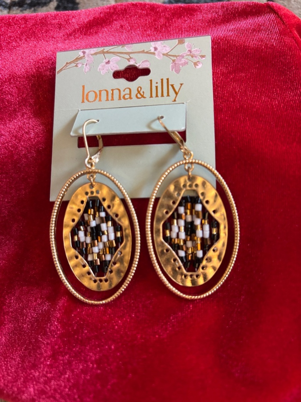 lonna & lilly Gold Oval Drop Earrings with Black & White Bead Inlay